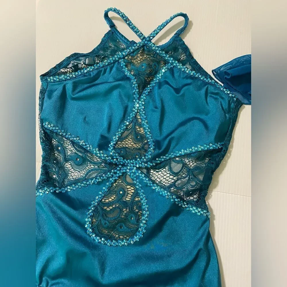 Competition Custom solo contemporary Dance Costume teal illusion SA Small adult